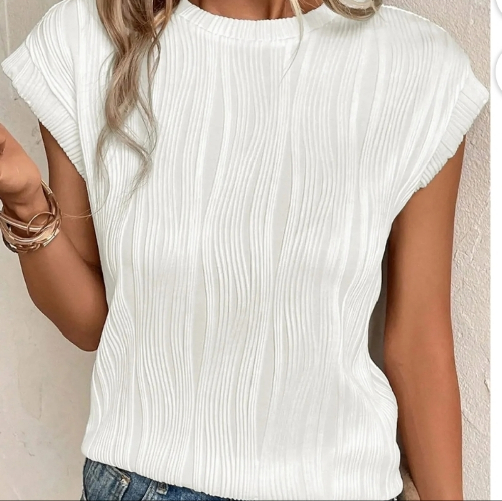 White Textured Rib Cap-Sleeve Top